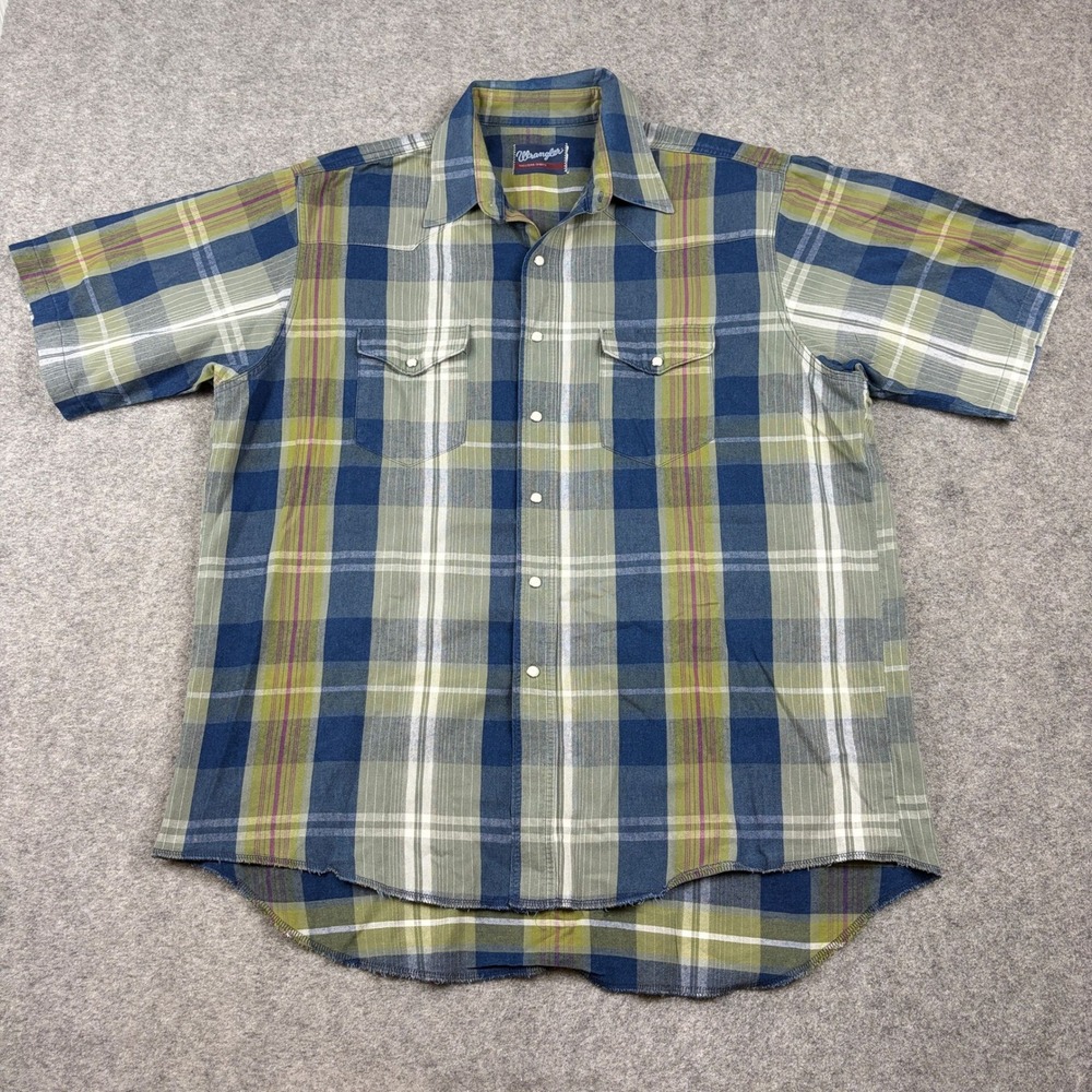 Wrangler Western Shirt Mens L Blue Green Plaid Pearl Snap Short Sleeve Casual